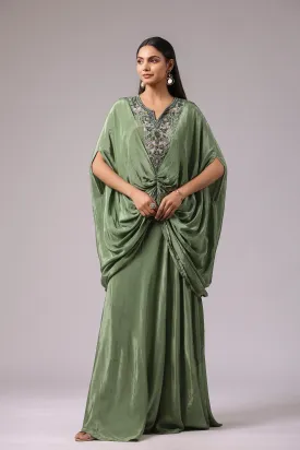 Fern Green Embroidered Crepe Silk Draped Gown