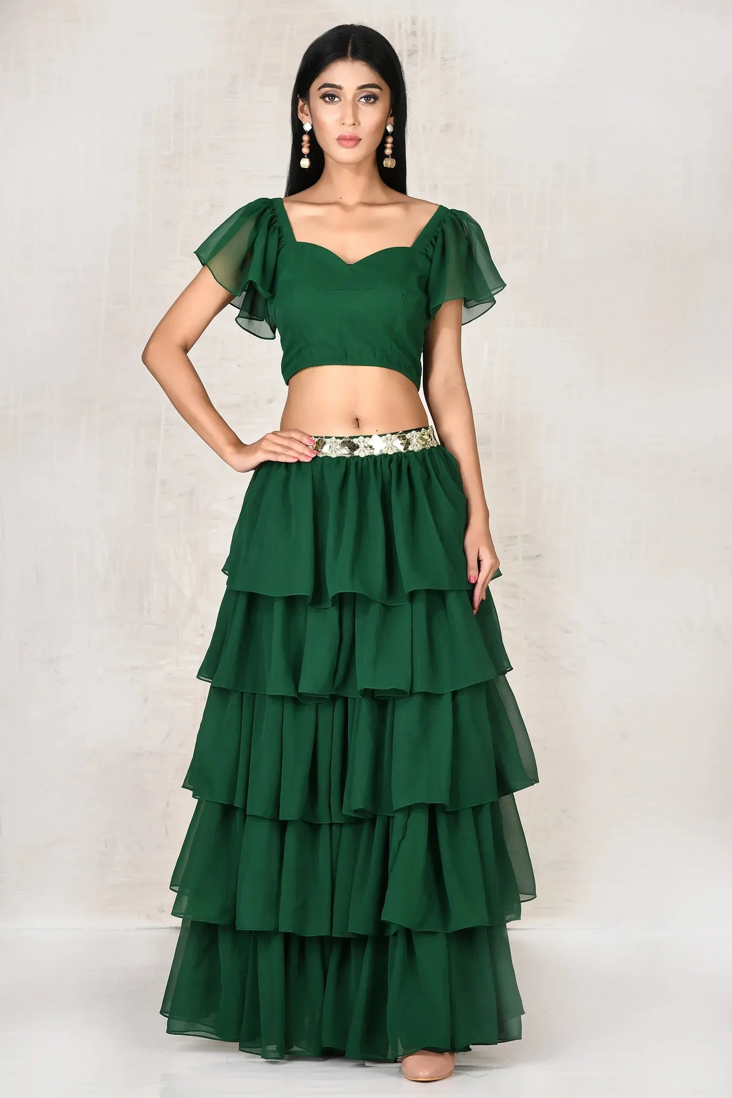 Green Crop Top Skirt Set