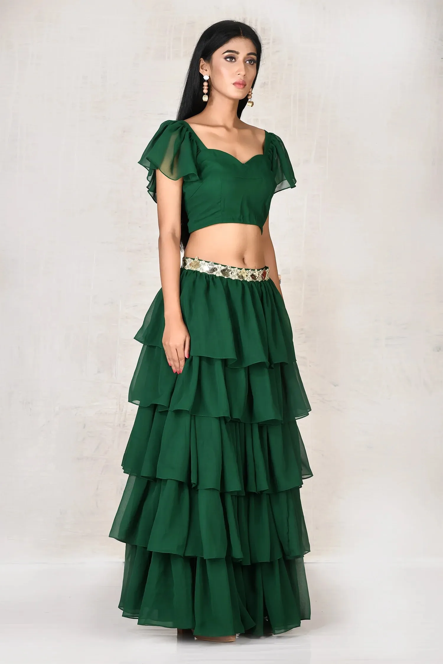 Green Crop Top Skirt Set