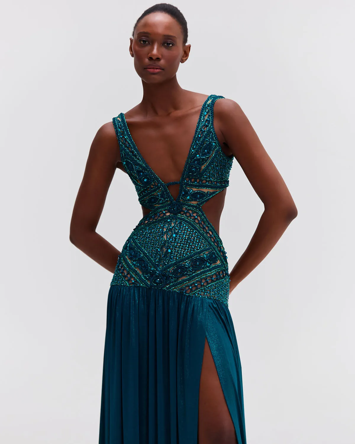 Hand Embroidered Cutout Jersey Gown