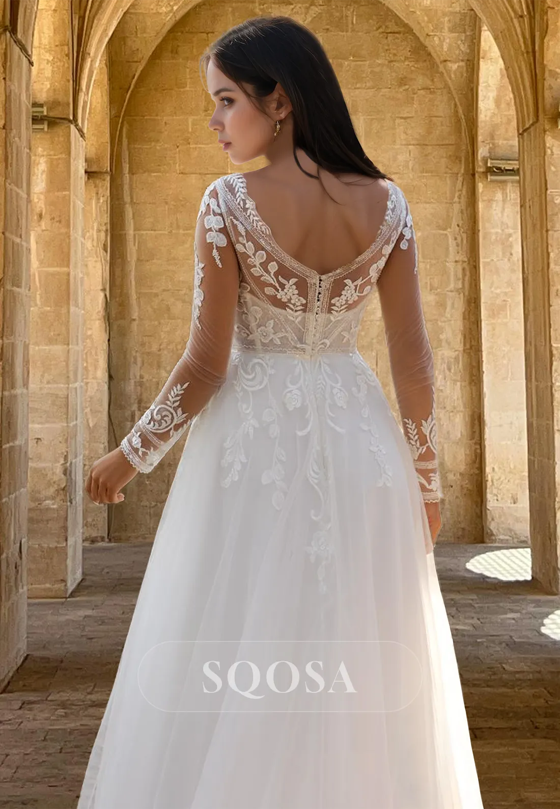 Long-Sleeves Deep V-Neck Tulle A-Line Wedding Dress Beaded Lace Applique Pleated Bride Gowns