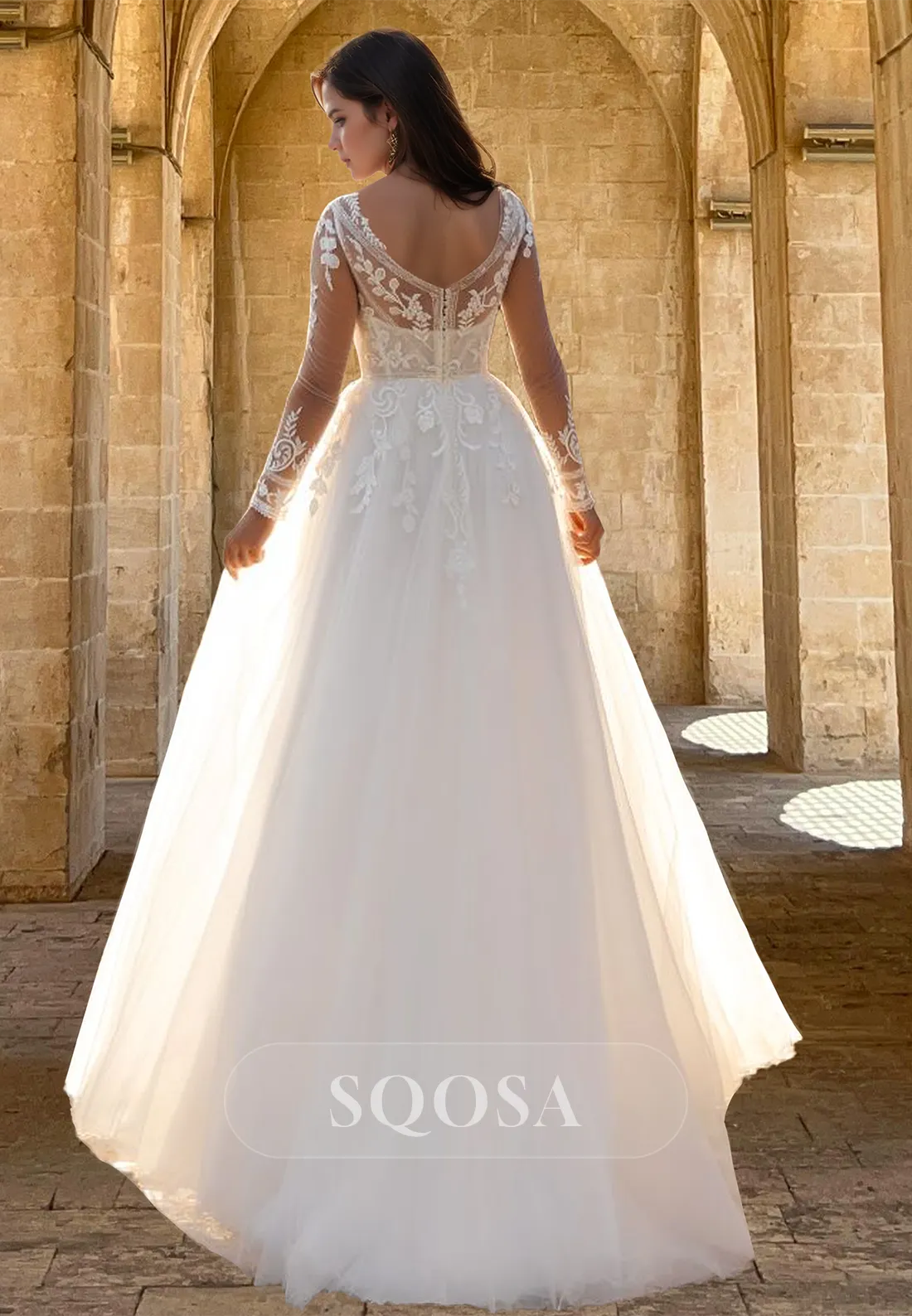 Long-Sleeves Deep V-Neck Tulle A-Line Wedding Dress Beaded Lace Applique Pleated Bride Gowns