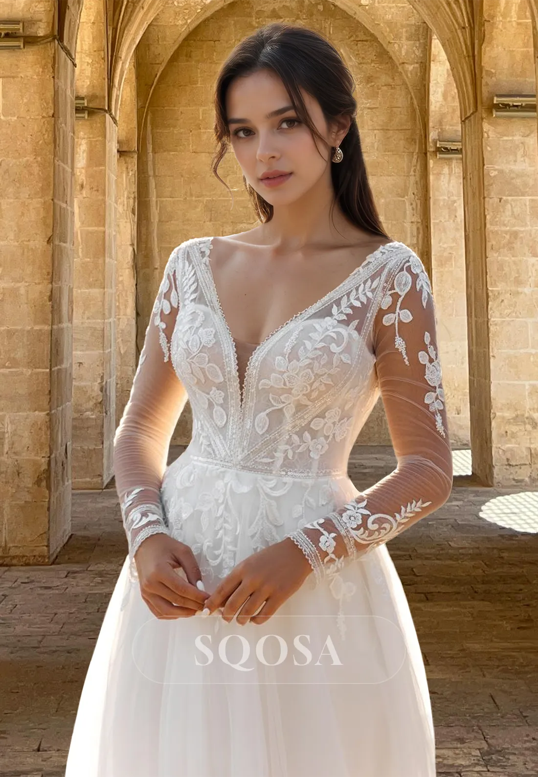 Long-Sleeves Deep V-Neck Tulle A-Line Wedding Dress Beaded Lace Applique Pleated Bride Gowns