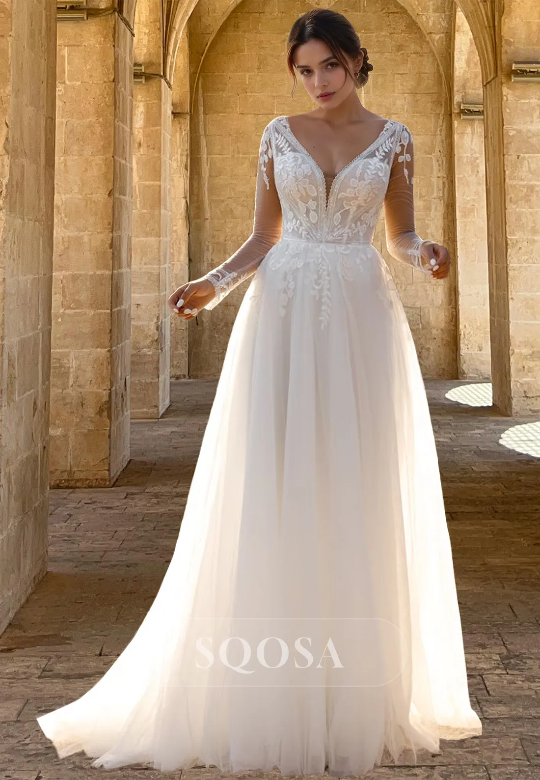 Long-Sleeves Deep V-Neck Tulle A-Line Wedding Dress Beaded Lace Applique Pleated Bride Gowns