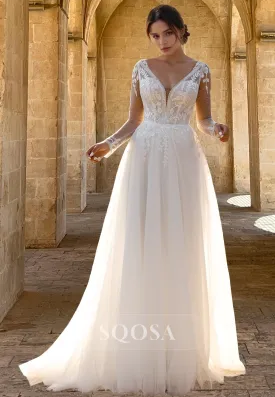Long-Sleeves Deep V-Neck Tulle A-Line Wedding Dress Beaded Lace Applique Pleated Bride Gowns