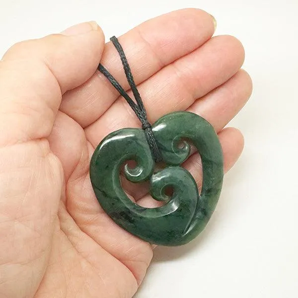 Medium 5cm Genuine NZ Greenstone Heart Necklace with 3 Koru