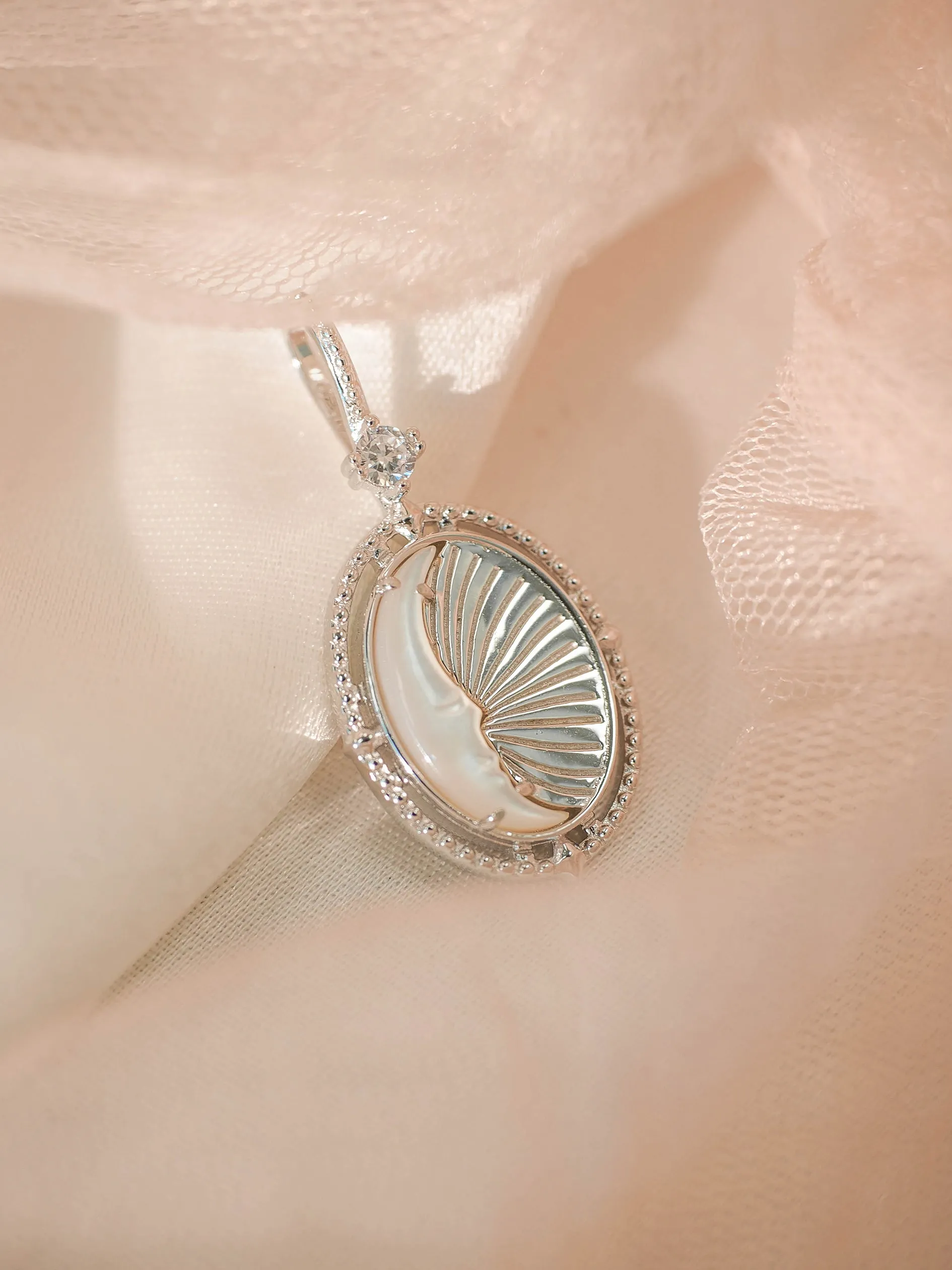 Mother of Pearl Silver Double-Sided Sun & Moon Pendant - Moon Child