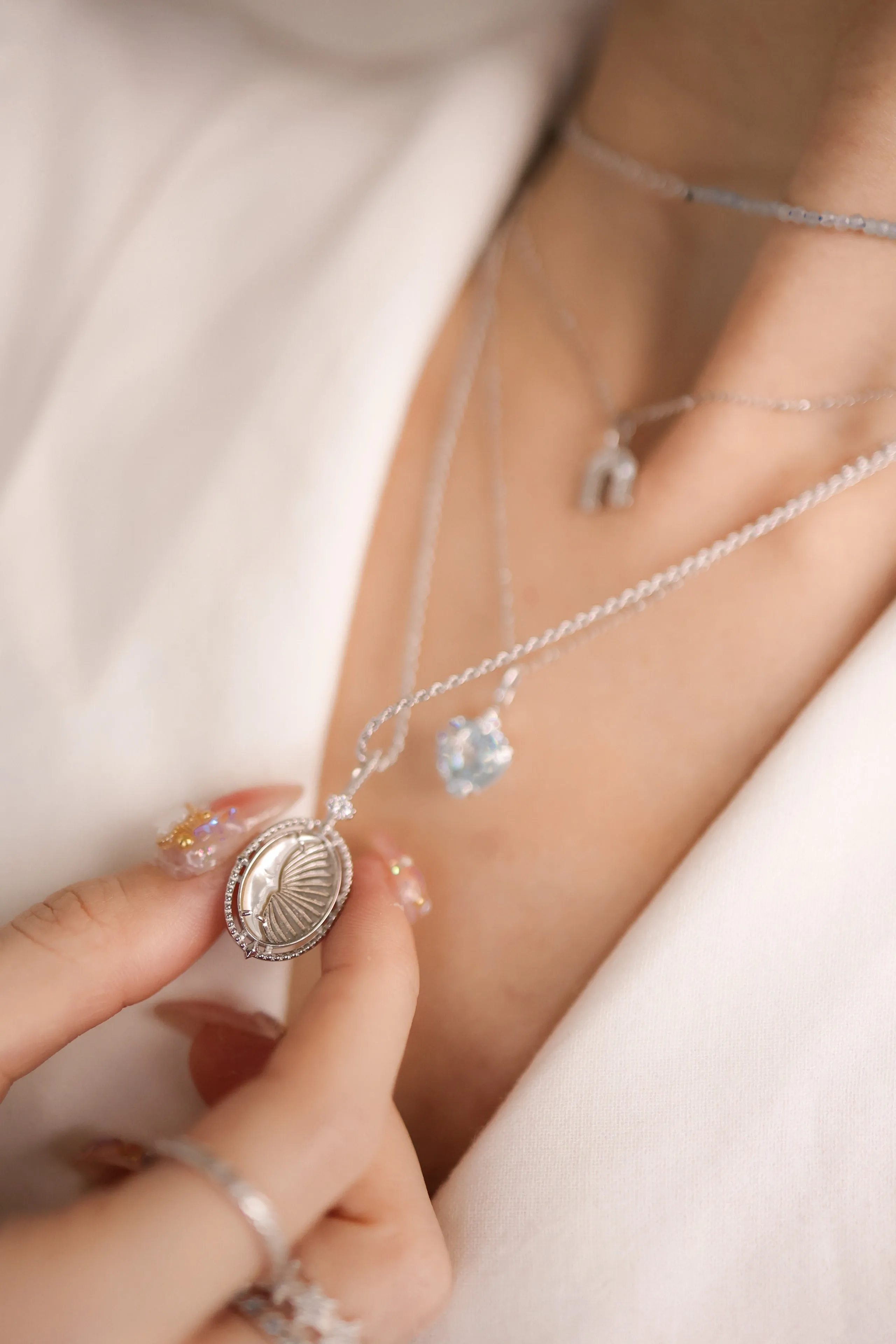 Mother of Pearl Silver Double-Sided Sun & Moon Pendant - Moon Child