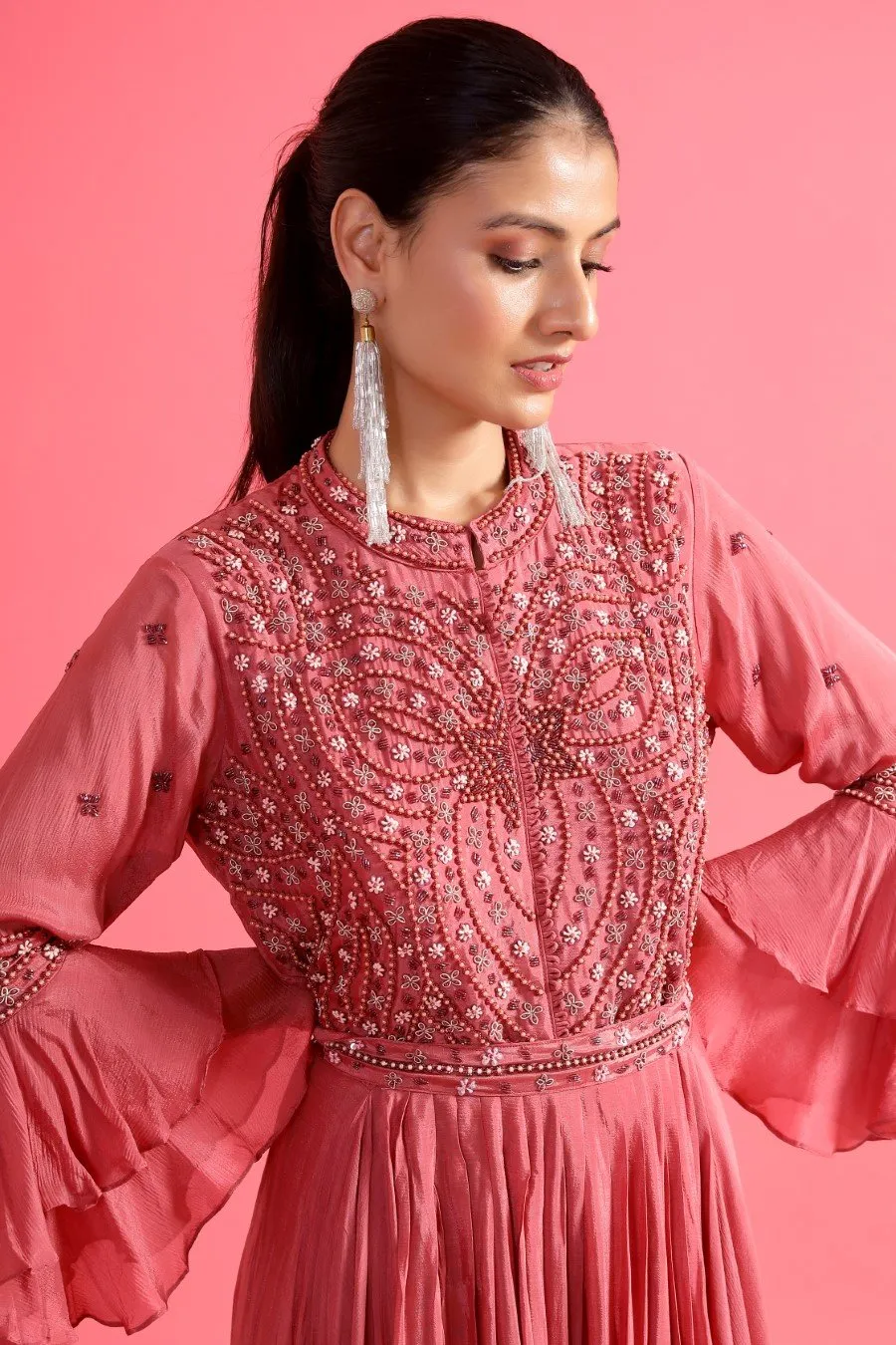 Mulberry Pink Embellished Chinon Silk Gown