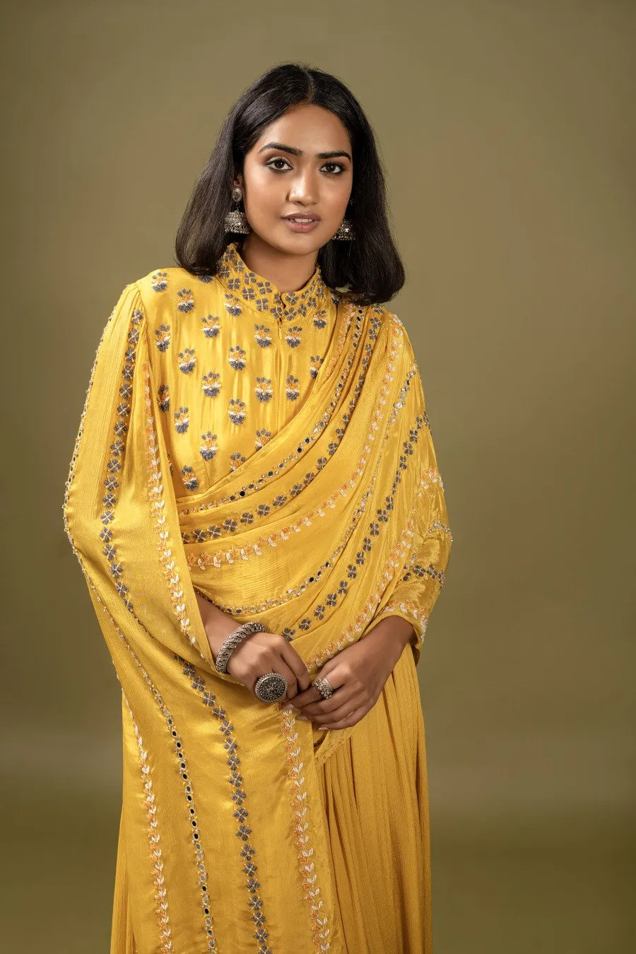 Mustard Embellished & Draped Chinon Silk Gown