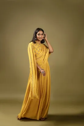 Mustard Embellished & Draped Chinon Silk Gown