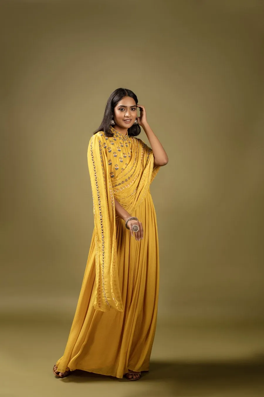 Mustard Embellished & Draped Chinon Silk Gown