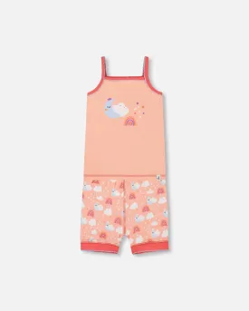Organic Cotton Tank Top And Shorts Pajama Set Rainbow On Light Coral