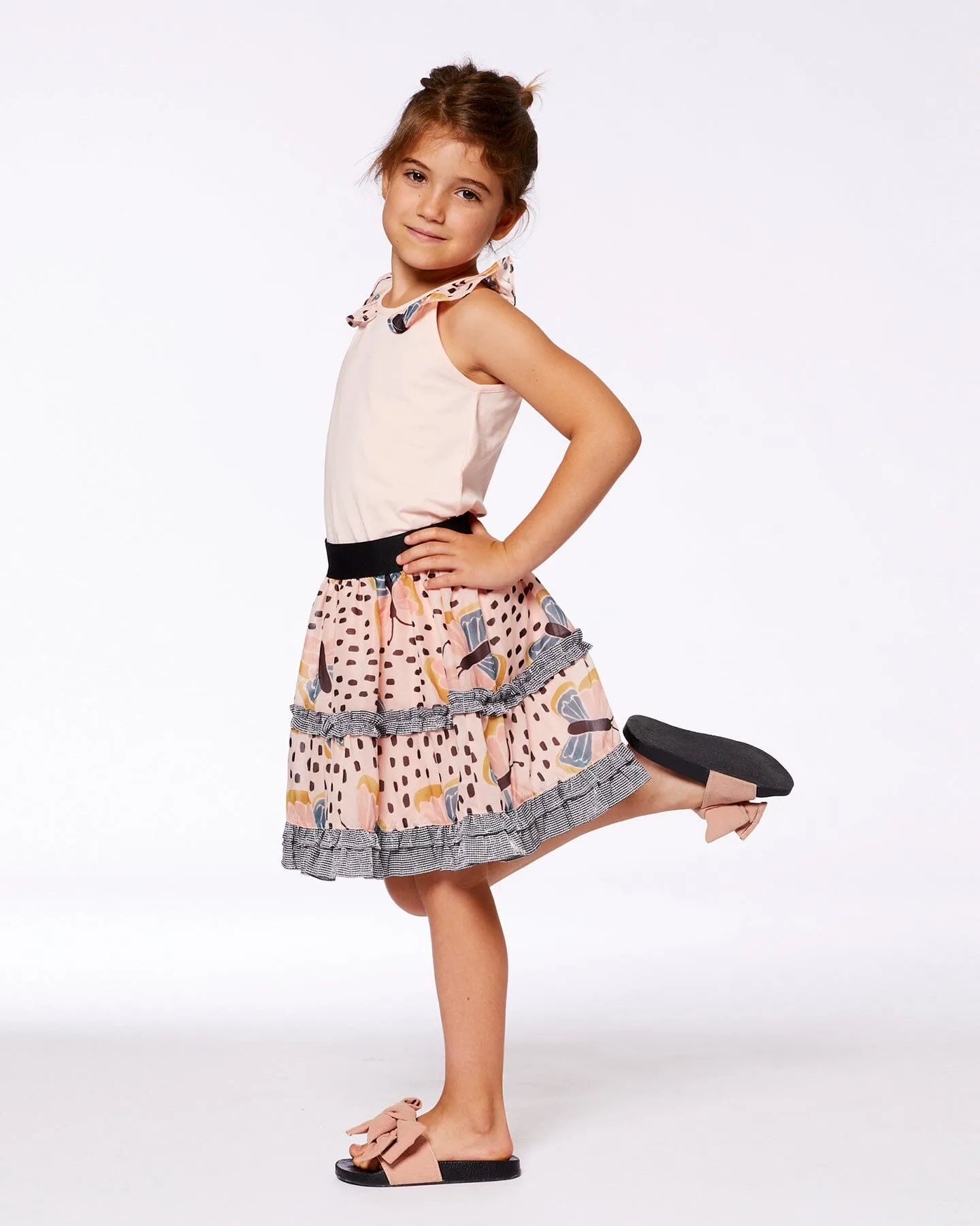 Organic Cotton Tank Top With Frill Pink And Black Butterfly