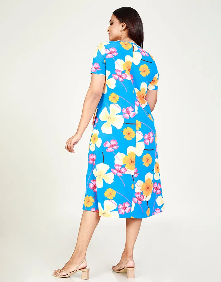 Printed Round Neck Dress with Pockets
