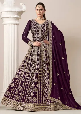Purple All Over Embroidered Georgette Designer Anarkali Gown