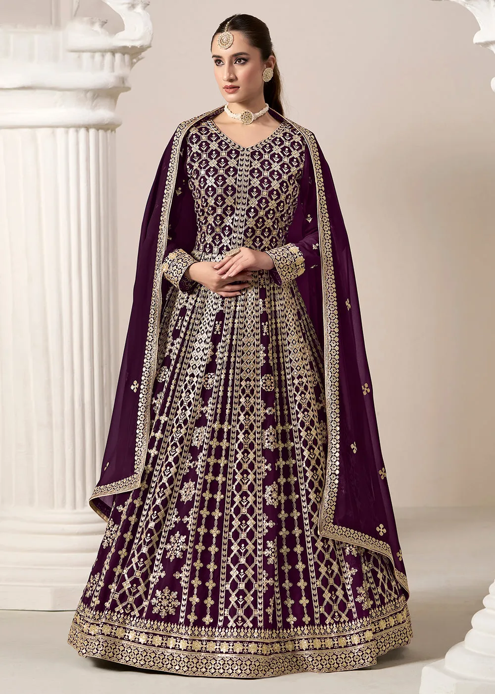 Purple All Over Embroidered Georgette Designer Anarkali Gown