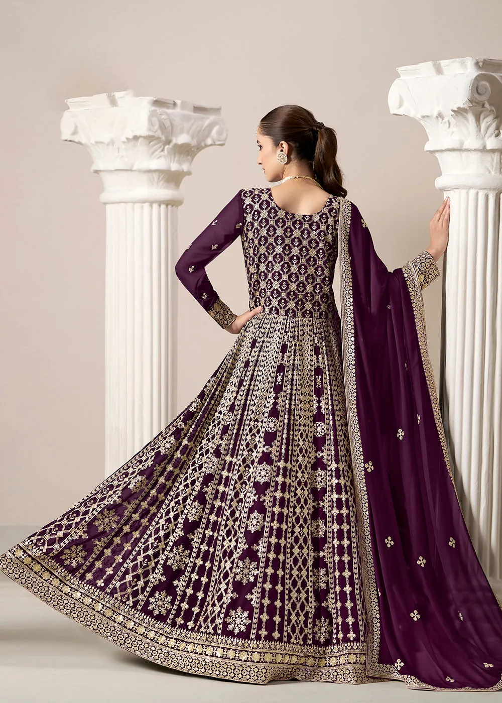 Purple All Over Embroidered Georgette Designer Anarkali Gown