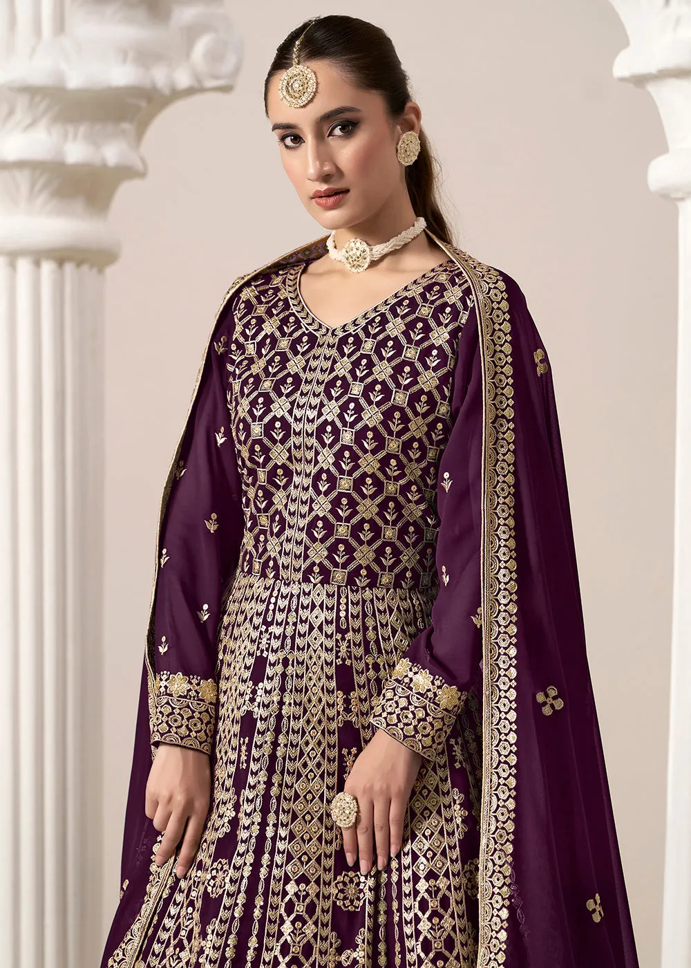 Purple All Over Embroidered Georgette Designer Anarkali Gown