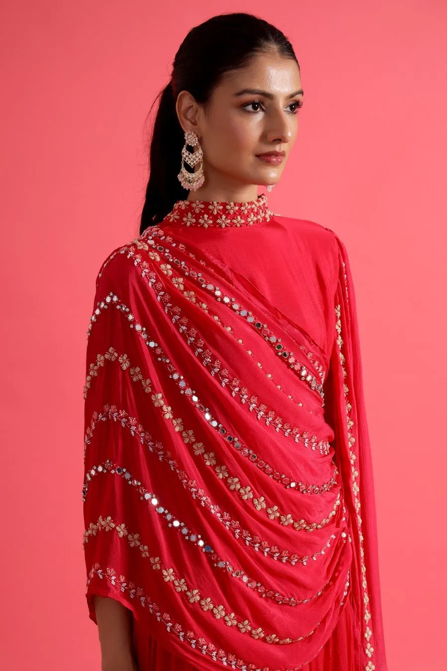 Reddish Pink Embellished &amp; Draped Chinon Silk Gown