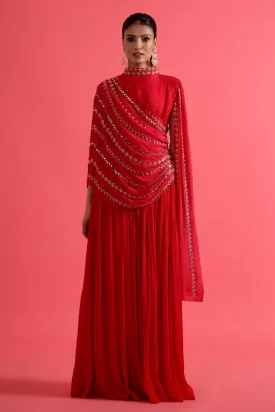 Reddish Pink Embellished &amp; Draped Chinon Silk Gown