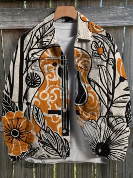 Retro Brown Guitar and Flowers Art Print Casual Denim Jacket