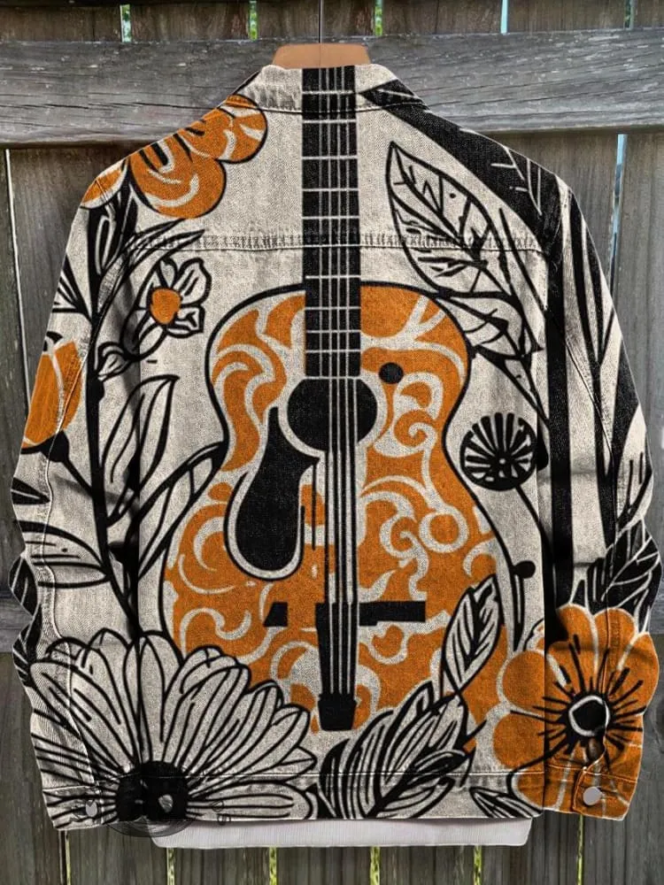 Retro Brown Guitar and Flowers Art Print Casual Denim Jacket