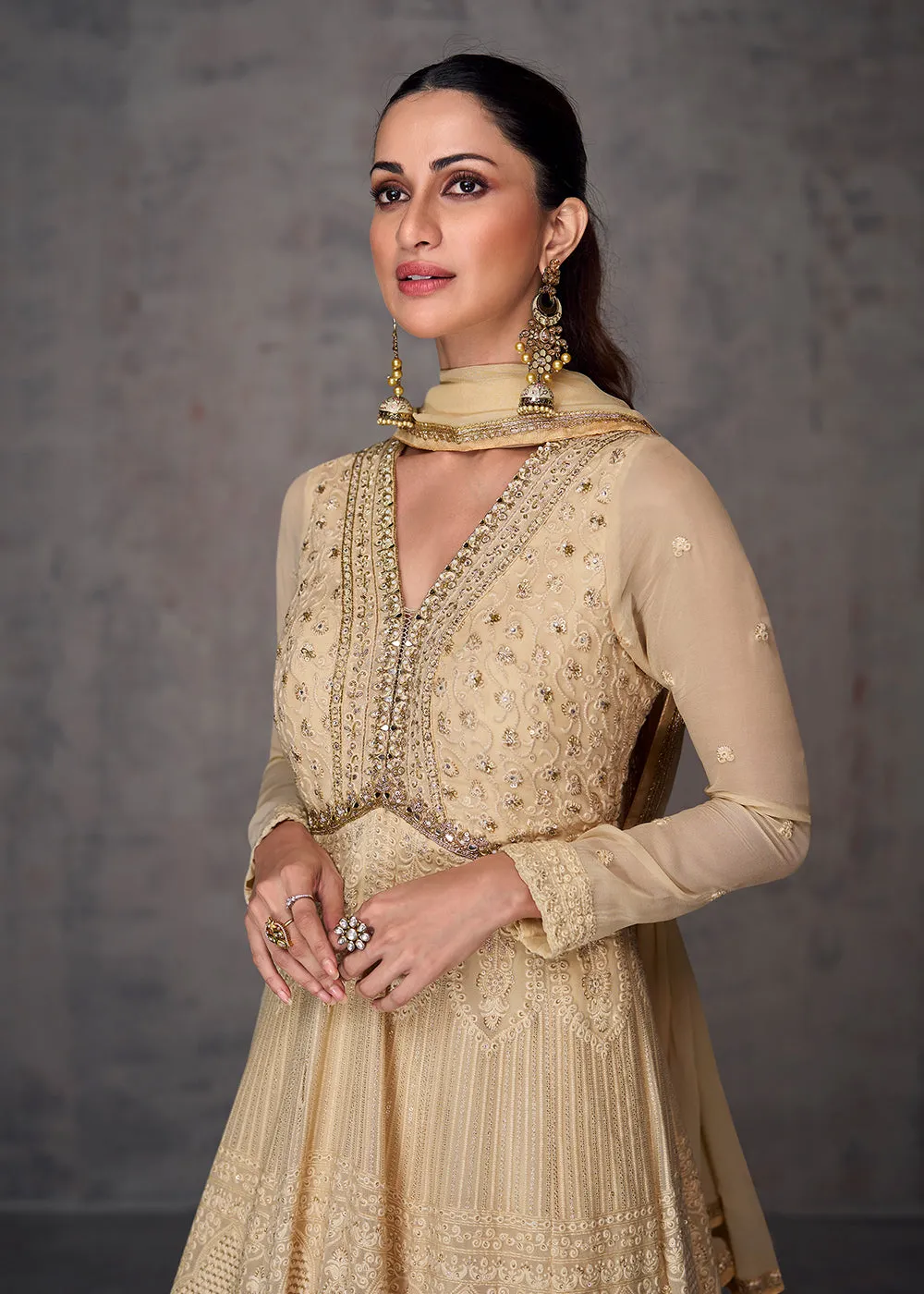 Sequins & Faux Mirror Embroidered Indian Wedding Gown in Beige