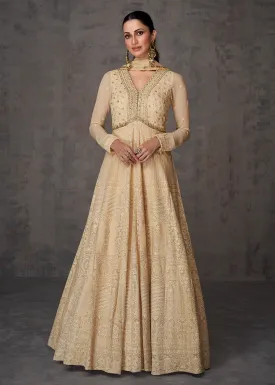 Sequins & Faux Mirror Embroidered Indian Wedding Gown in Beige