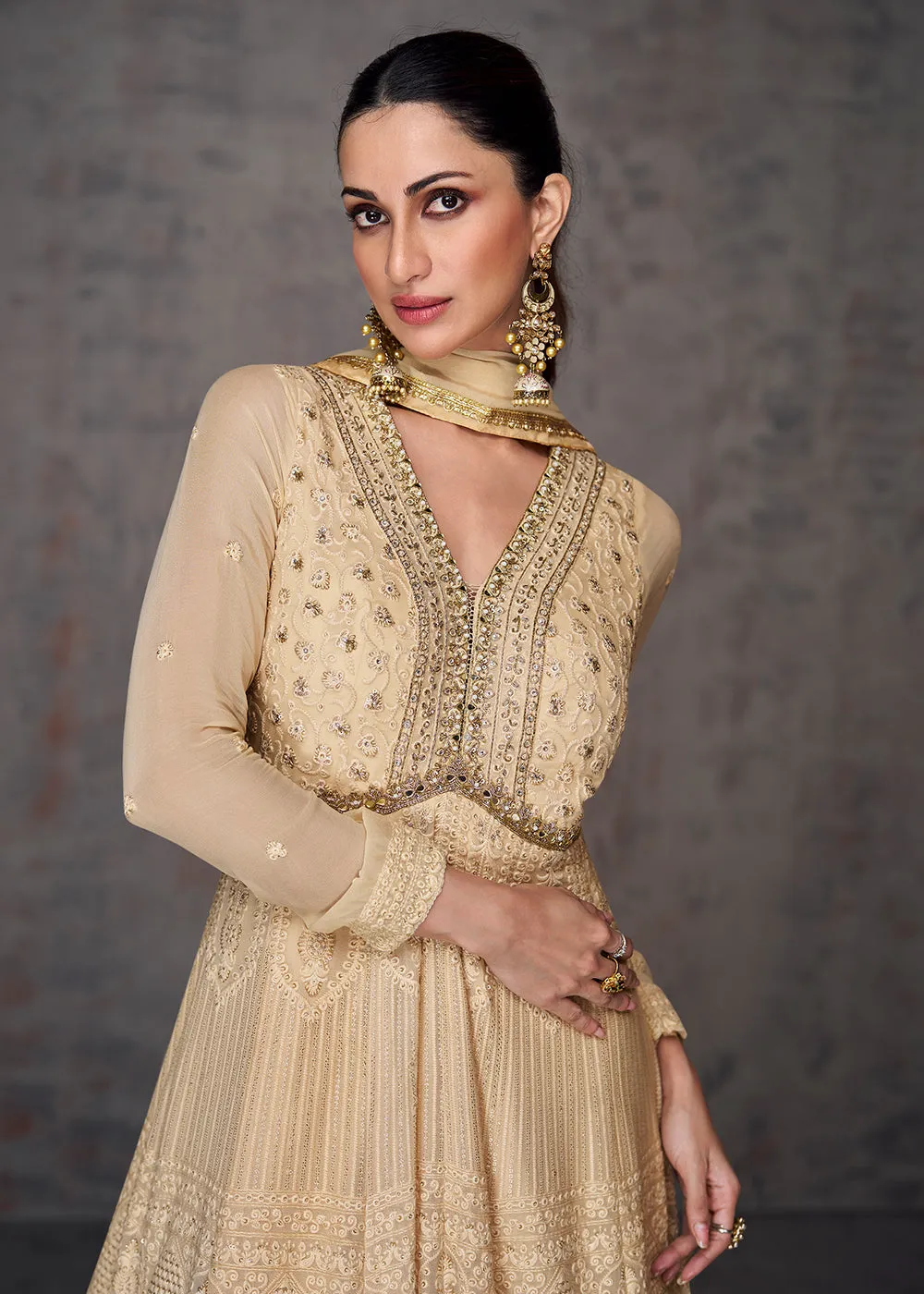 Sequins & Faux Mirror Embroidered Indian Wedding Gown in Beige