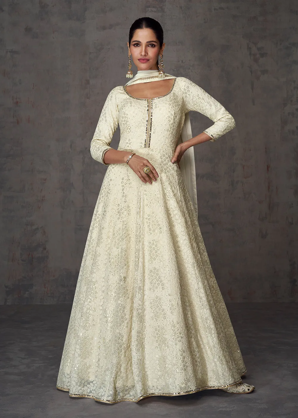 Sequins & Faux Mirror Embroidered Indian Wedding Gown in Off White