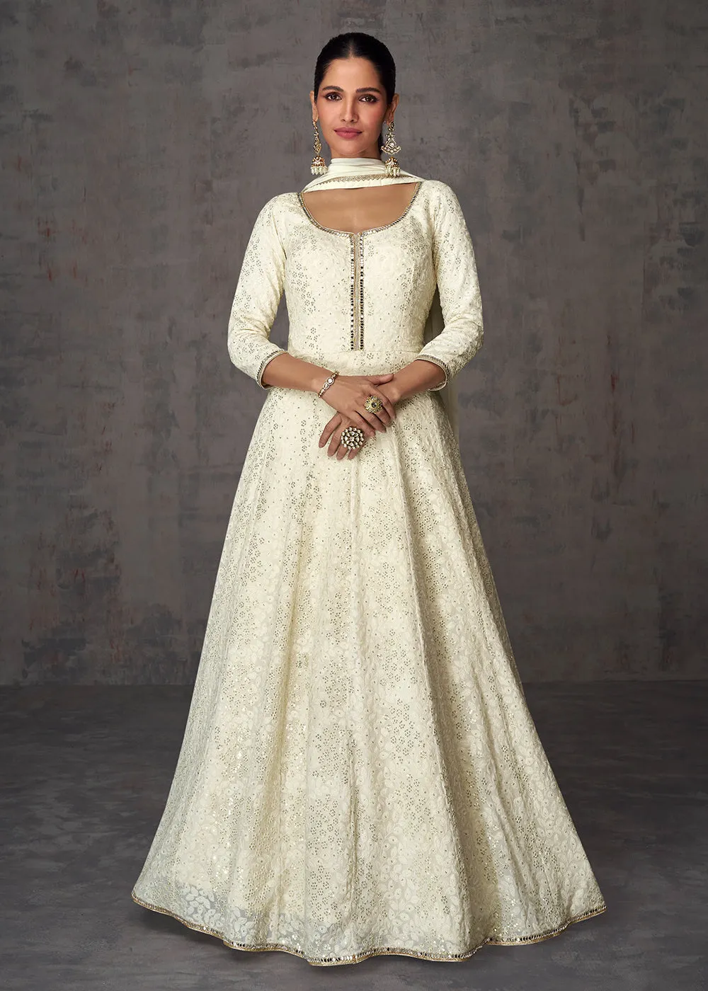 Sequins & Faux Mirror Embroidered Indian Wedding Gown in Off White
