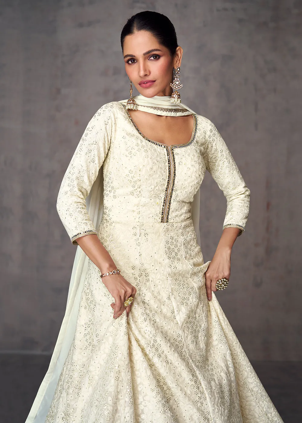 Sequins & Faux Mirror Embroidered Indian Wedding Gown in Off White