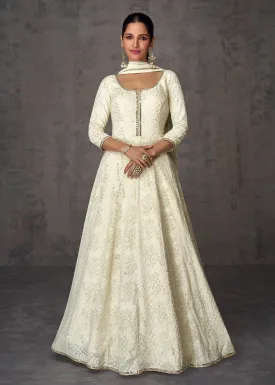 Sequins & Faux Mirror Embroidered Indian Wedding Gown in Off White