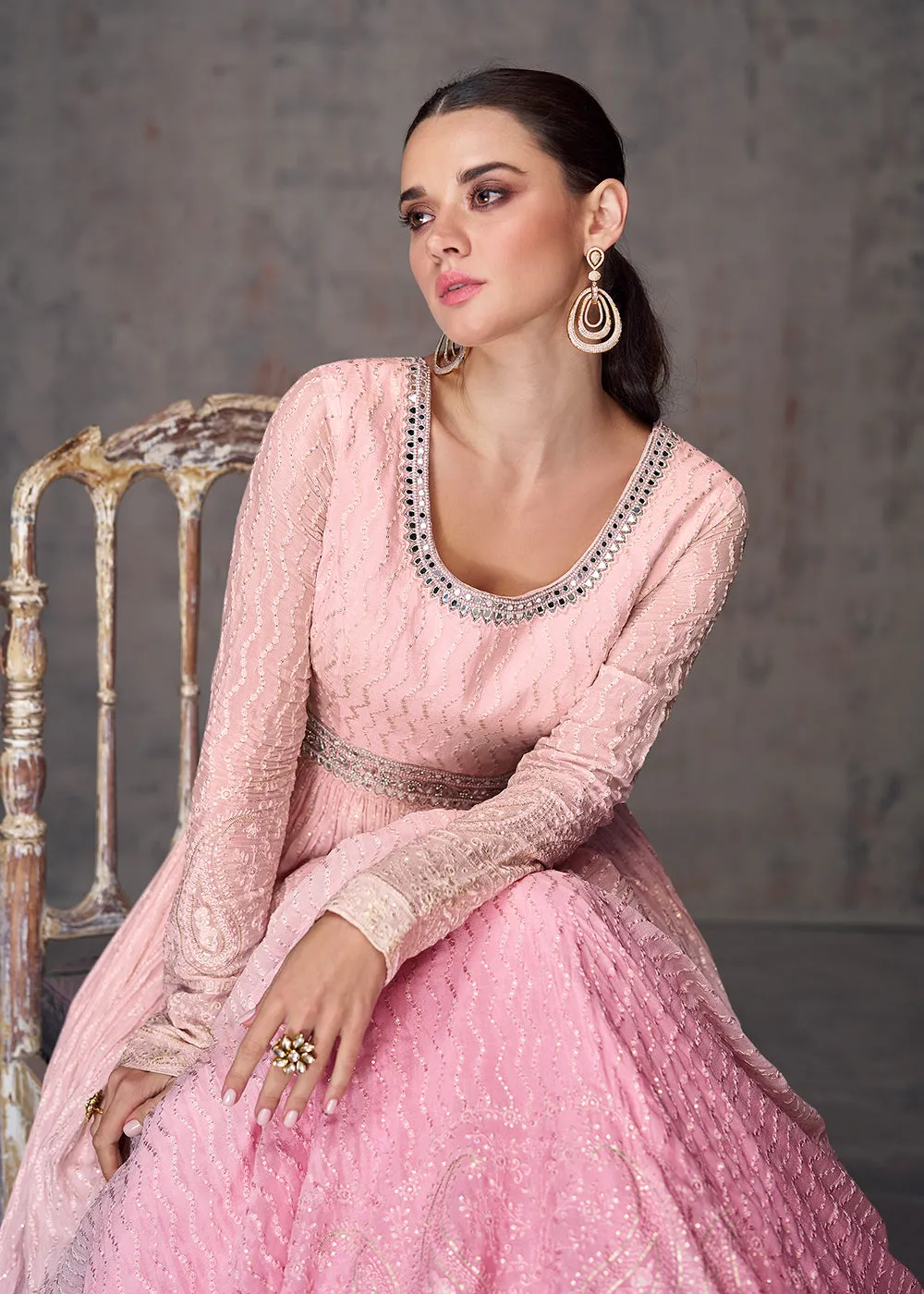 Sequins & Faux Mirror Embroidered Indian Wedding Gown in Pink