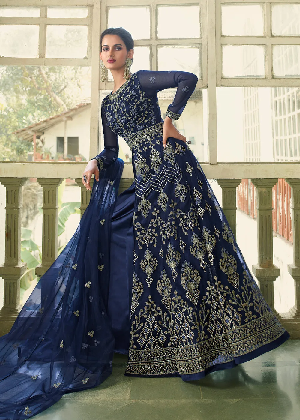 Slit Style Ravishing Blue Zari Embroidered Party Festive Anarkali