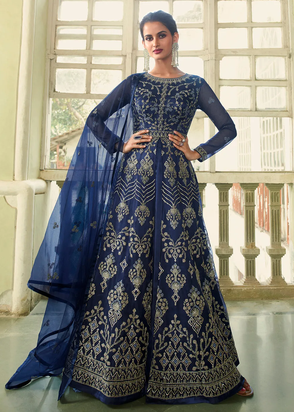 Slit Style Ravishing Blue Zari Embroidered Party Festive Anarkali