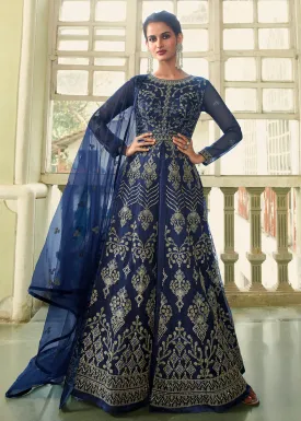 Slit Style Ravishing Blue Zari Embroidered Party Festive Anarkali