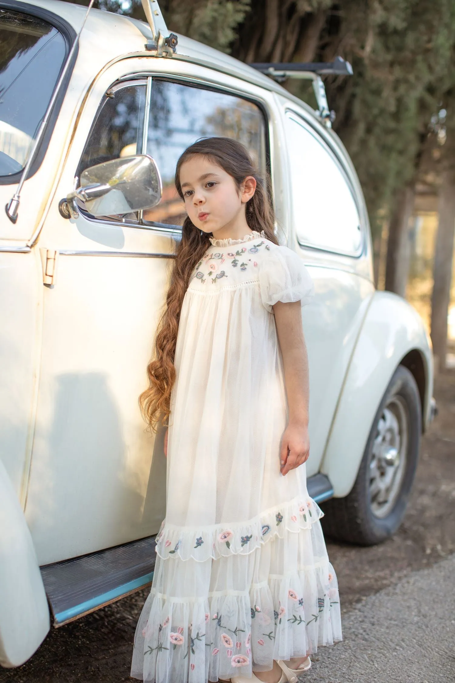 SOIREE ROSIE EMBROIDERED FLOWERS TIERED BOTTOMTULLE GOWN