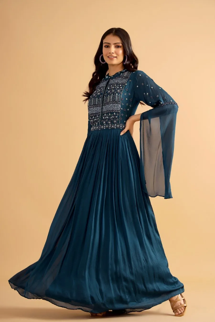 Teal Blue Hand Embroidered Gown