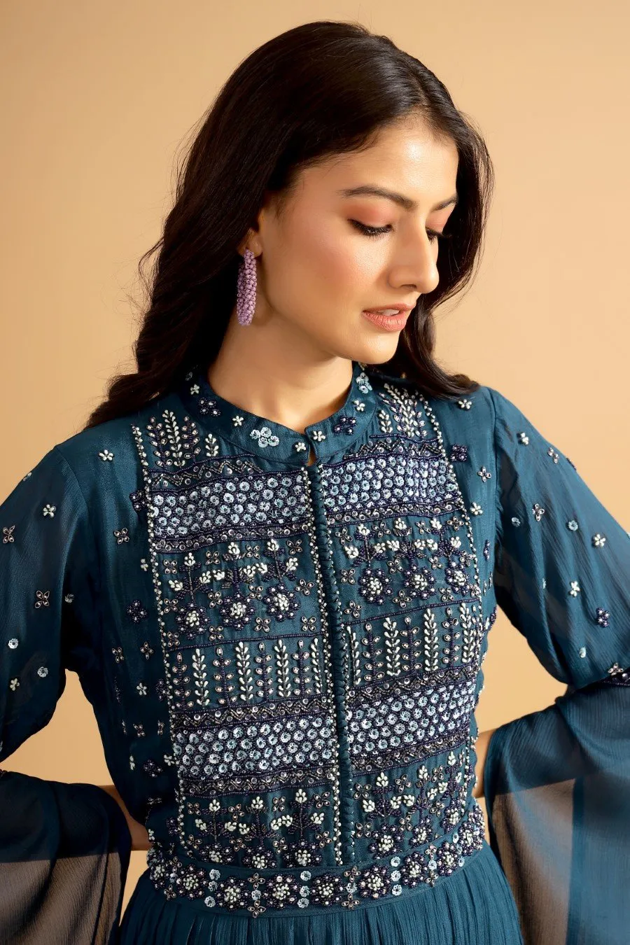 Teal Blue Hand Embroidered Gown