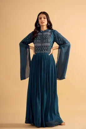 Teal Blue Hand Embroidered Gown