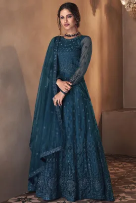 Teal Blue Wedding Thread Embroidered Anarkali Suit