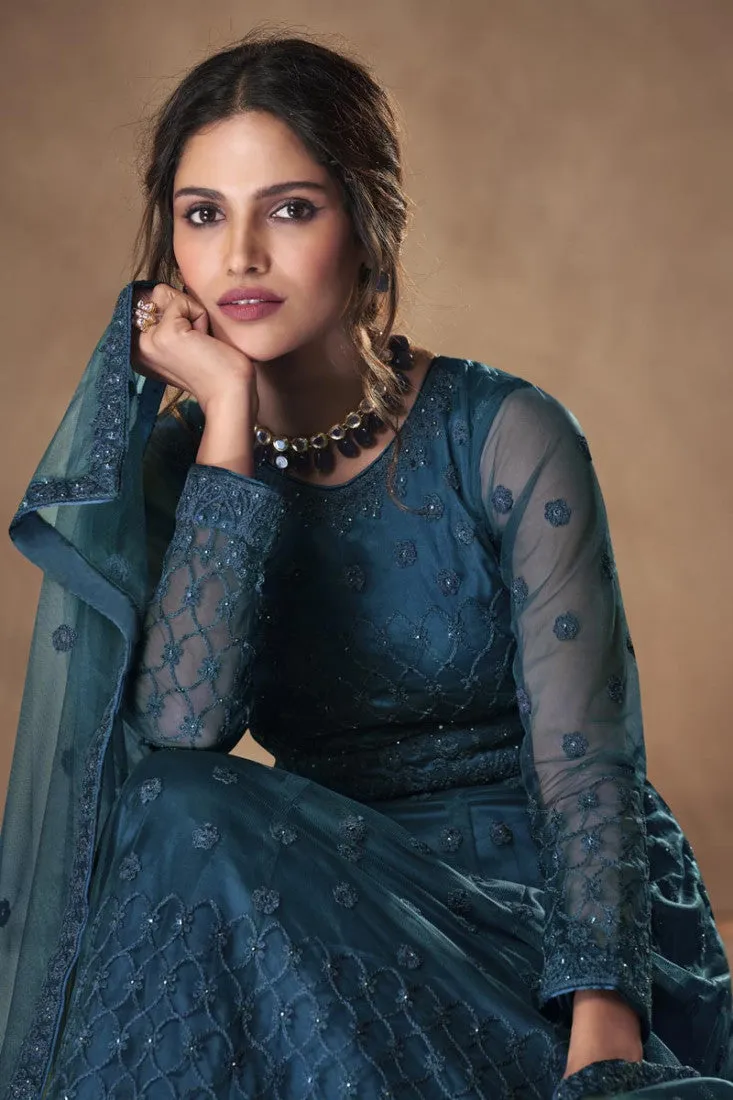 Teal Blue Wedding Thread Embroidered Anarkali Suit
