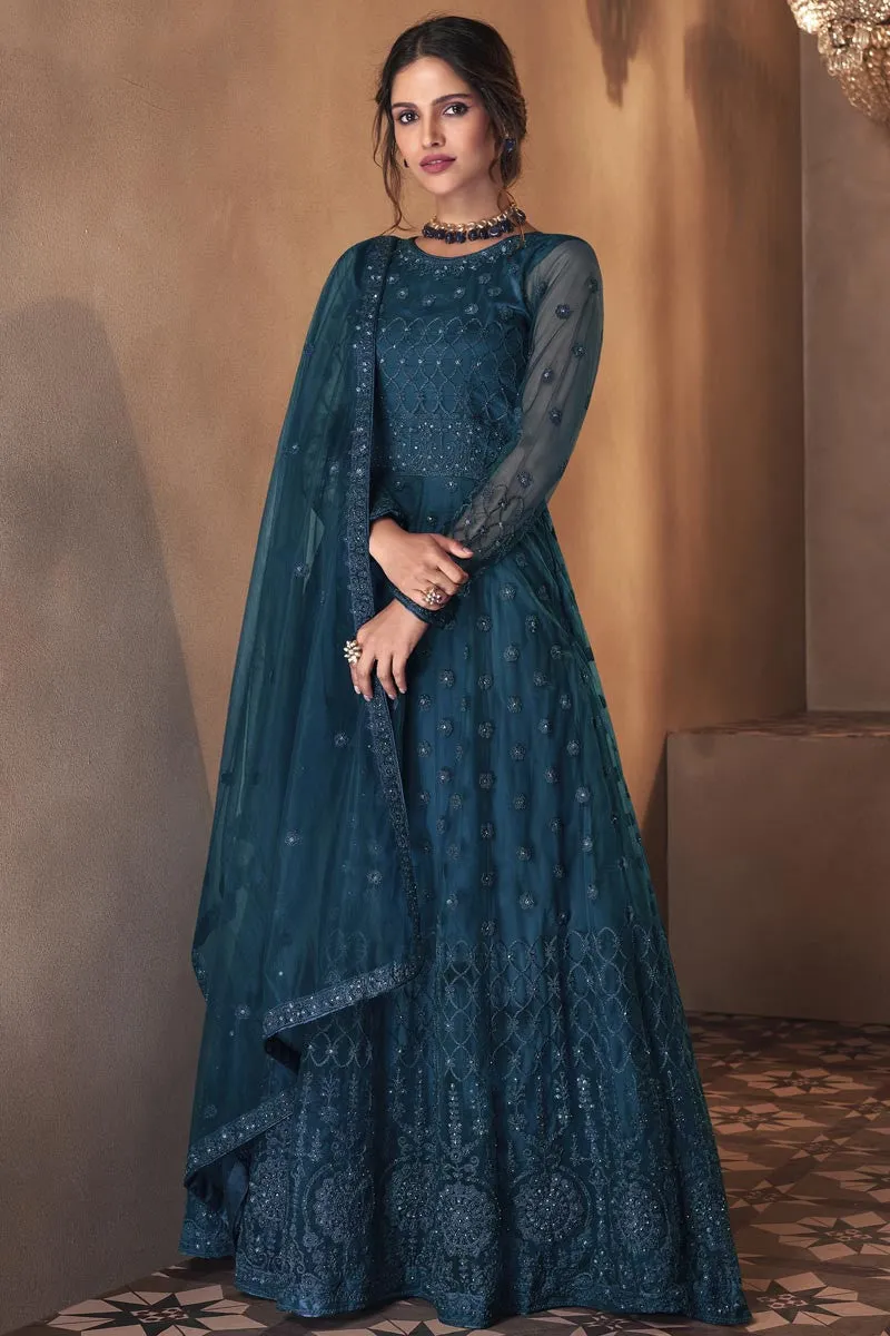 Teal Blue Wedding Thread Embroidered Anarkali Suit