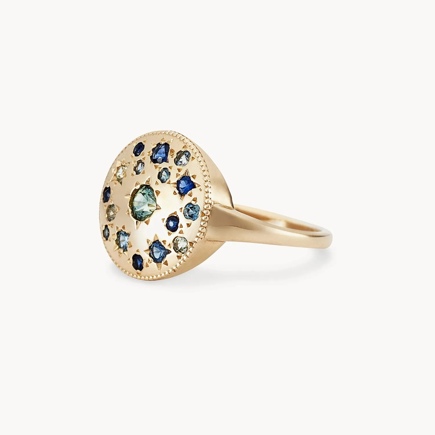 tie dye moonchild medallion ring - 14k yellow gold, blue sapphire