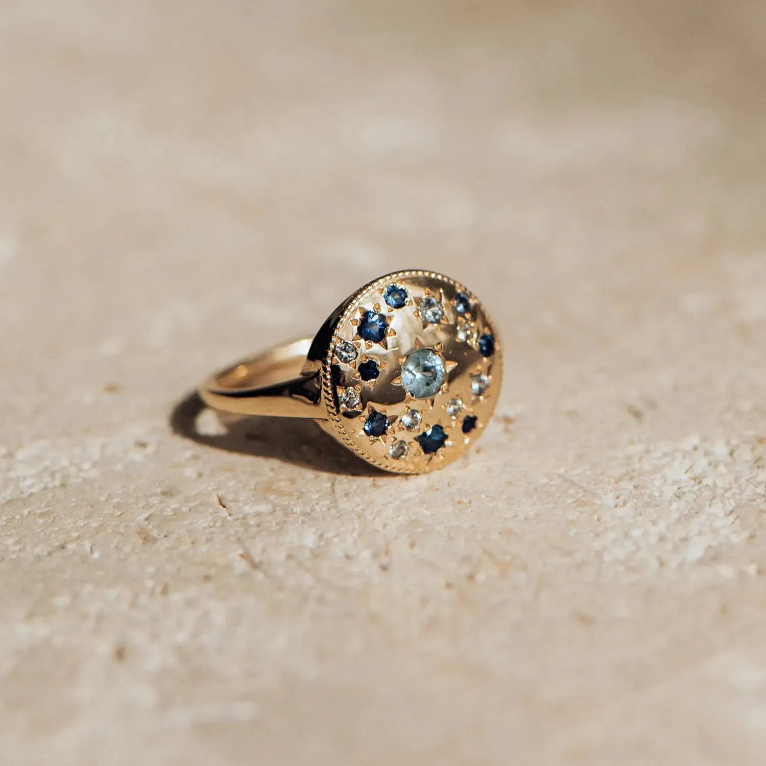 tie dye moonchild medallion ring - 14k yellow gold, blue sapphire