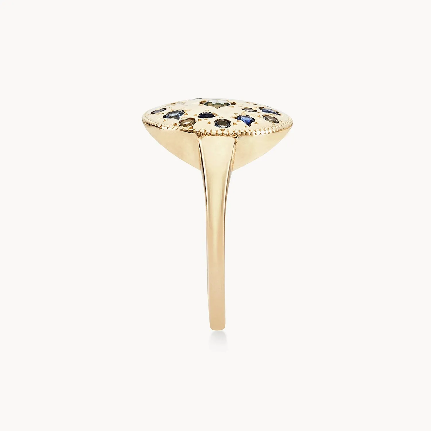 tie dye moonchild medallion ring - 14k yellow gold, blue sapphire