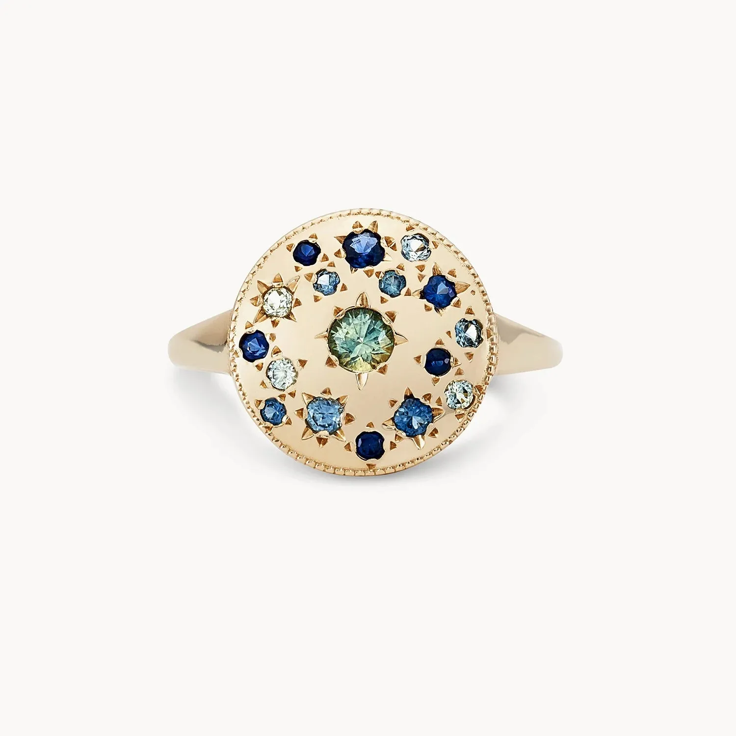 tie dye moonchild medallion ring - 14k yellow gold, blue sapphire