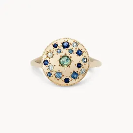tie dye moonchild medallion ring - 14k yellow gold, blue sapphire
